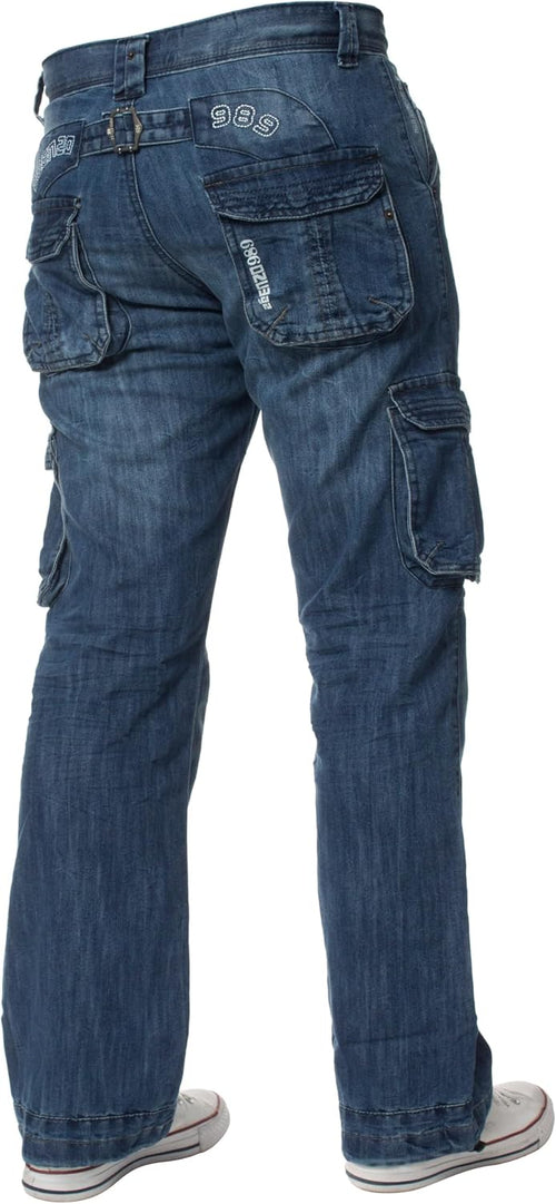 New ENZO Mens Designer Cargo Combat Blue Coated Denim Jeans Pants All Waist Size