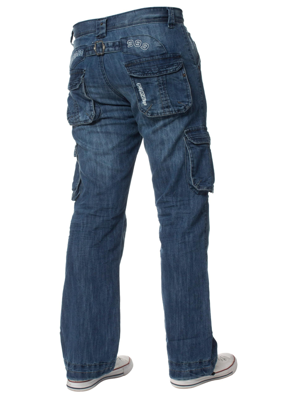 New ENZO Mens Designer Cargo Combat Blue Coated Denim Jeans Pants All Waist Size