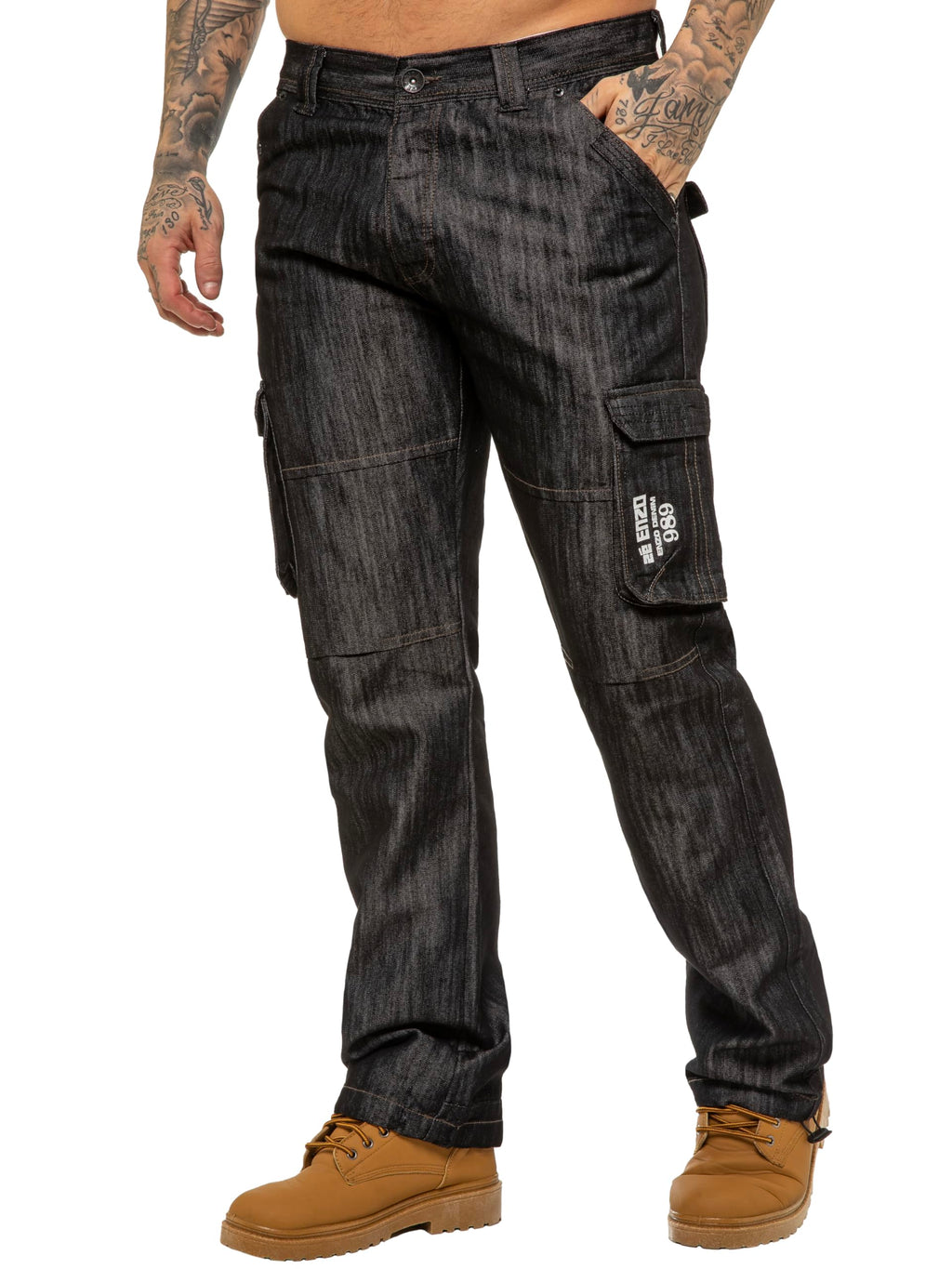 New ENZO Mens Designer Cargo Combat Blue Coated Denim Jeans Pants All Waist Size