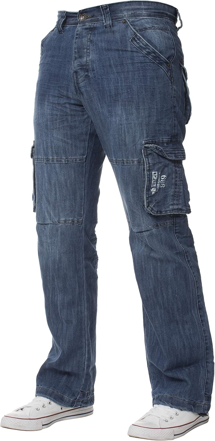 New ENZO Mens Designer Cargo Combat Blue Coated Denim Jeans Pants All Waist Size