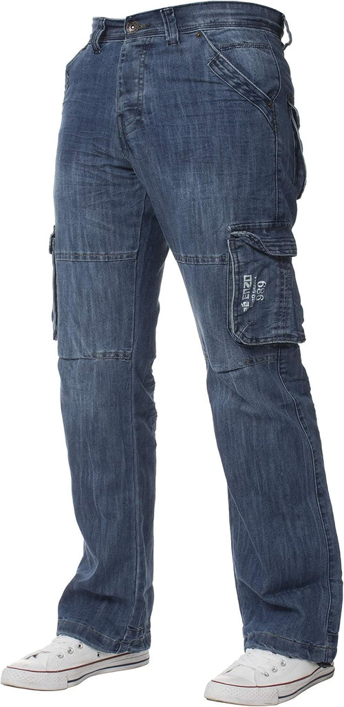 New ENZO Mens Designer Cargo Combat Blue Coated Denim Jeans Pants All Waist Size