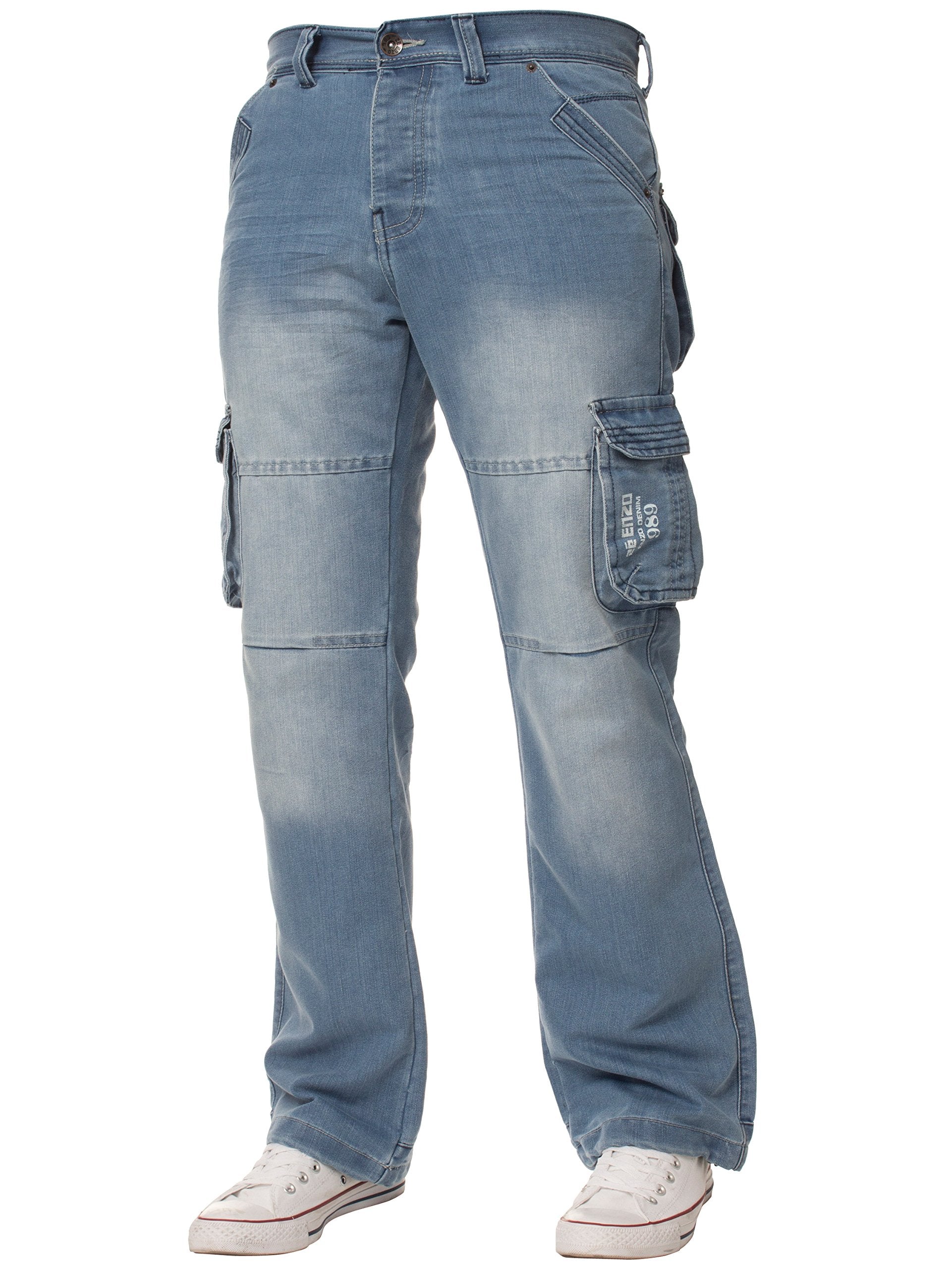 New ENZO Mens Designer Cargo Combat Blue Coated Denim Jeans Pants All Waist Size